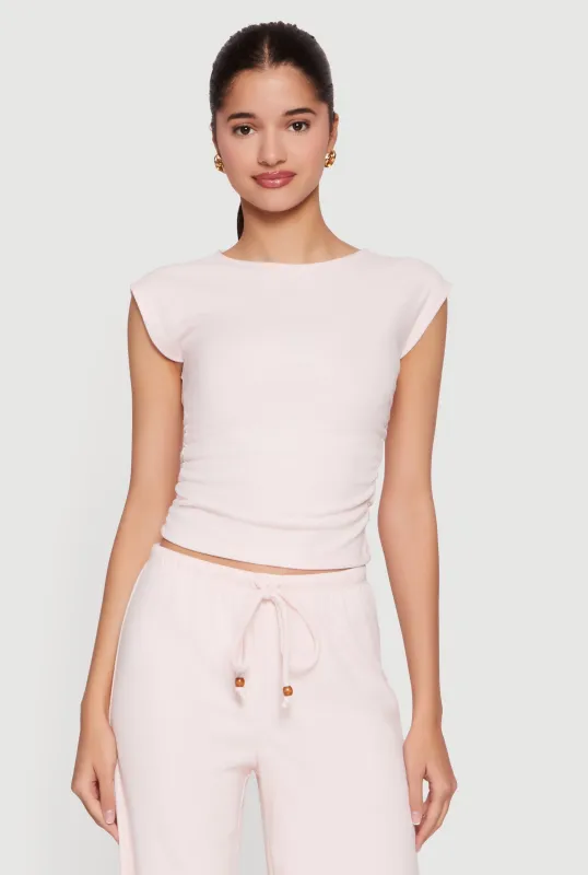 Brushed Ribbed Knit Ruched Cap Sleeve Top sold by Rainbow