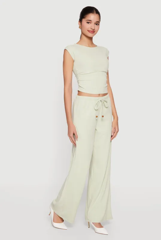 Brushed Rib Knit Drawstring Waist Wide Leg Pants sold by Rainbow