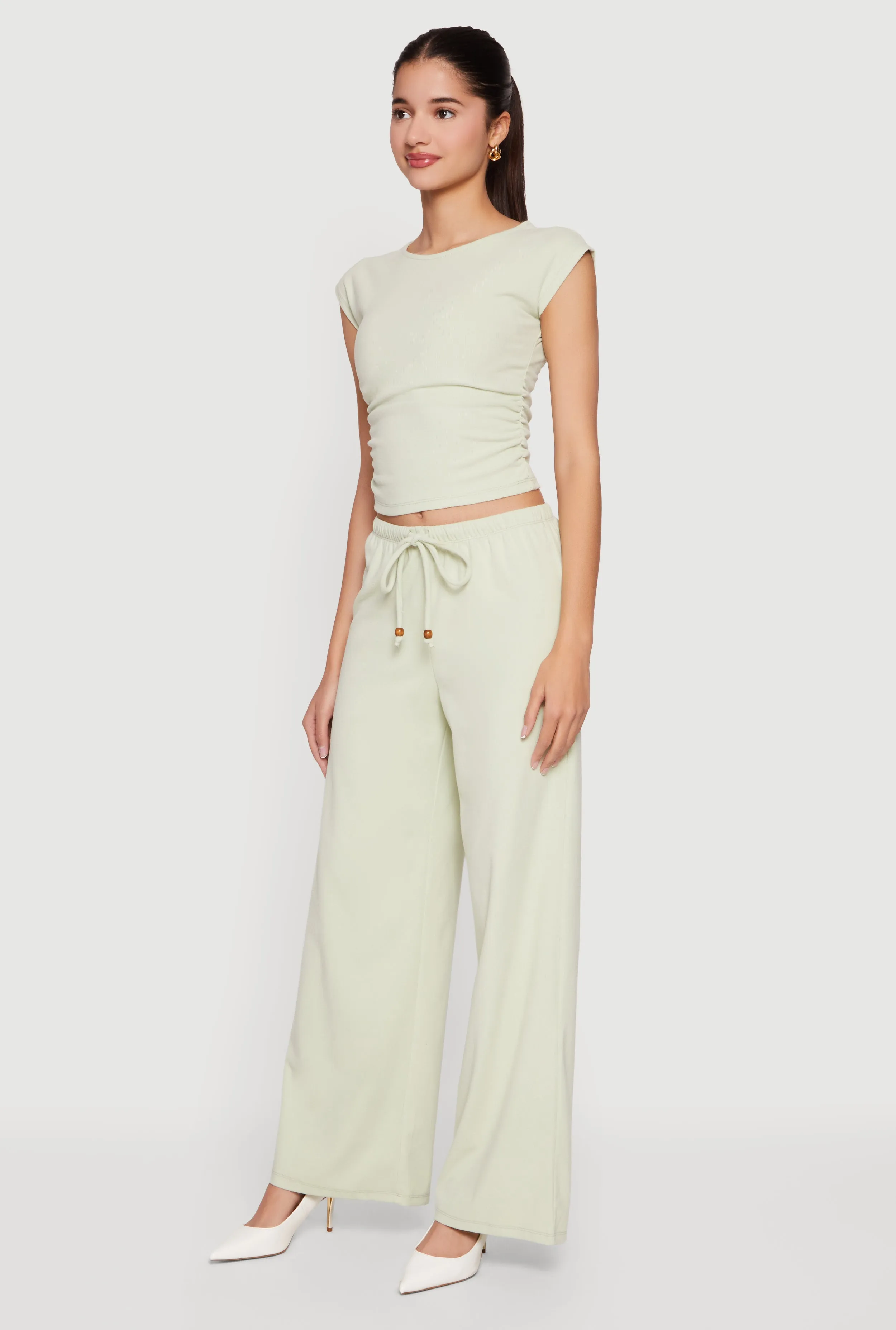 Brushed Rib Knit Drawstring Waist Wide Leg Pants sold by Rainbow product image thumbnail 2