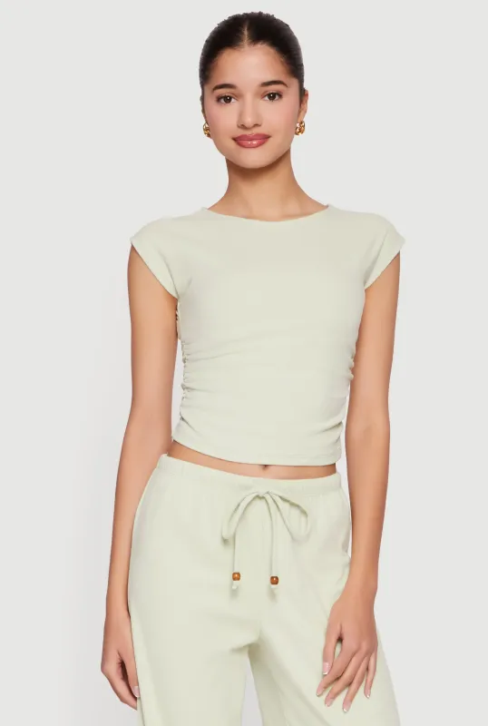 Brushed Ribbed Knit Ruched Cap Sleeve Top sold by Rainbow