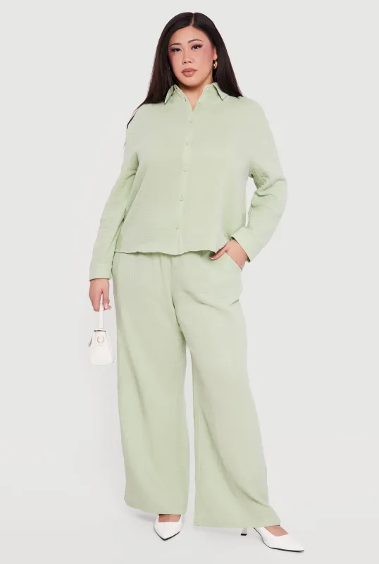 Plus Size High Waisted Wide Leg Gauze Knit Pants sold by Rainbow