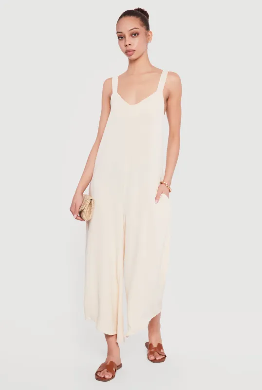 Sleeveless V Neck Crepe Knit Wide Leg Jumpsuit sold by Rainbow
