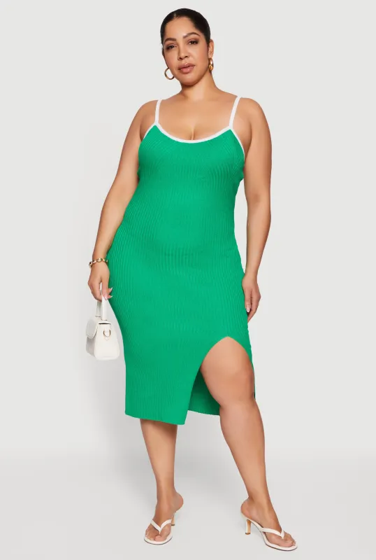 Plus Size Contrast Trim Rib Knit Cami Midi Dress sold by Rainbow