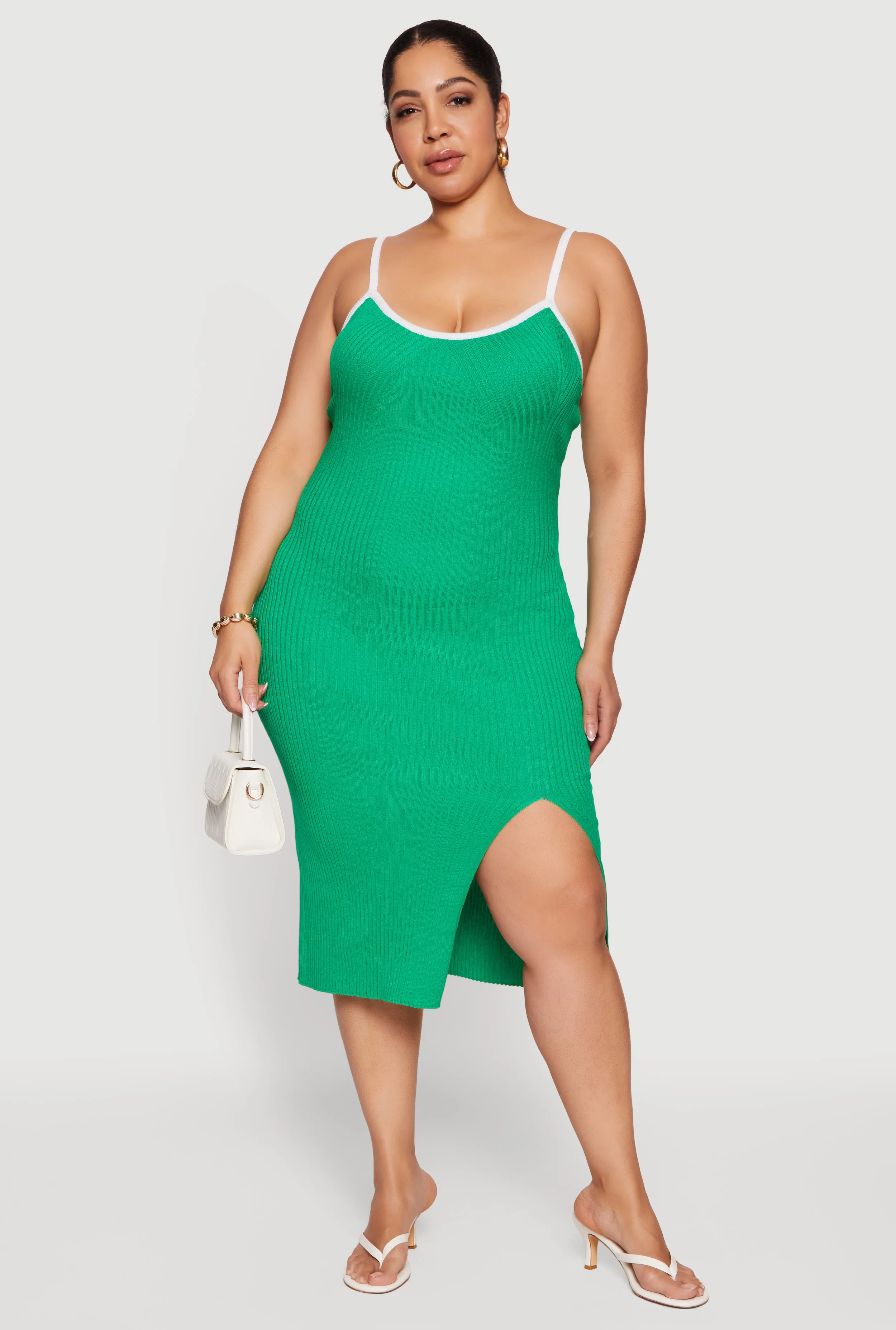 Plus Size Contrast Trim Rib Knit Cami Midi Dress sold by Rainbow