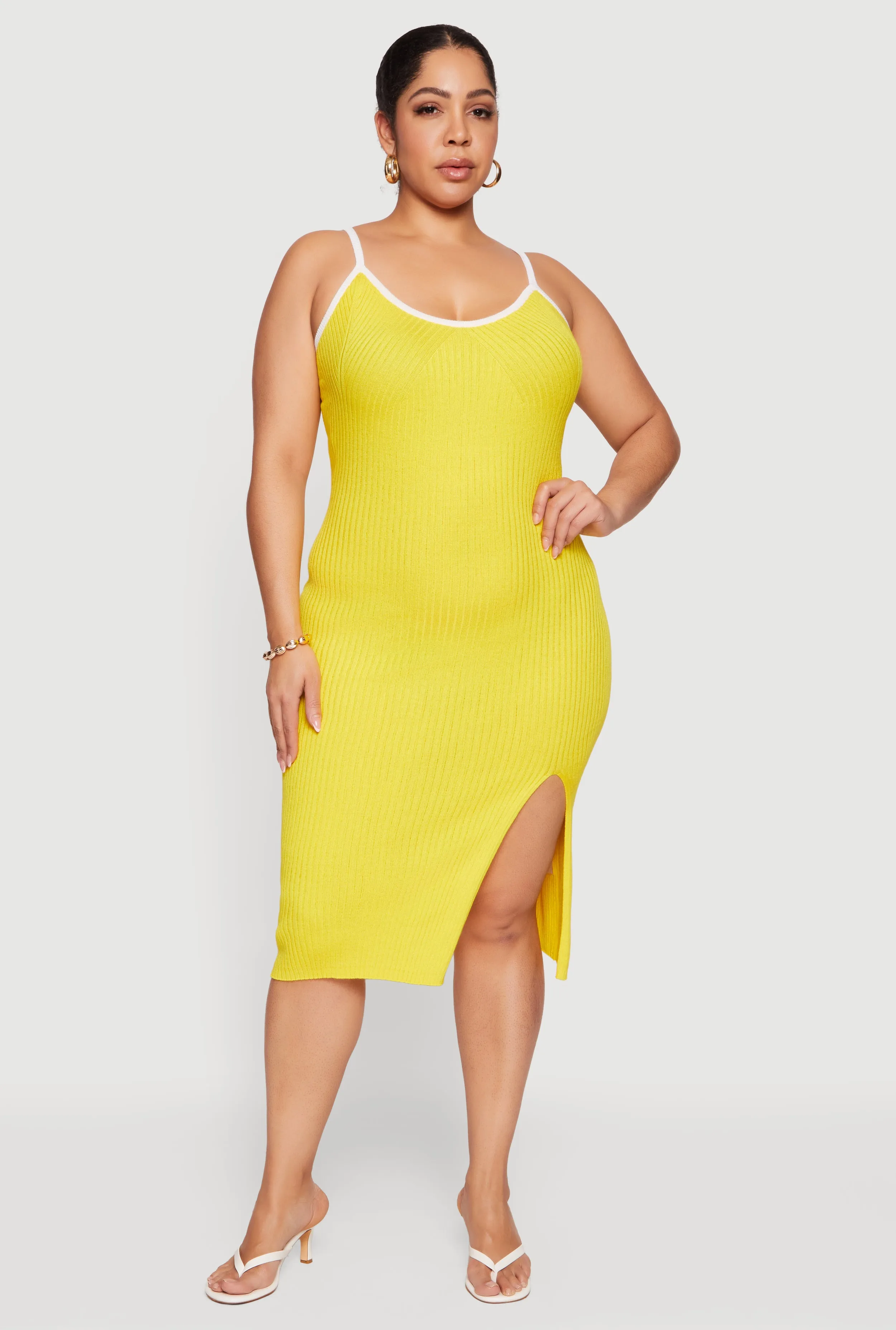 Plus Size Contrast Trim Rib Knit Cami Midi Dress sold by Rainbow