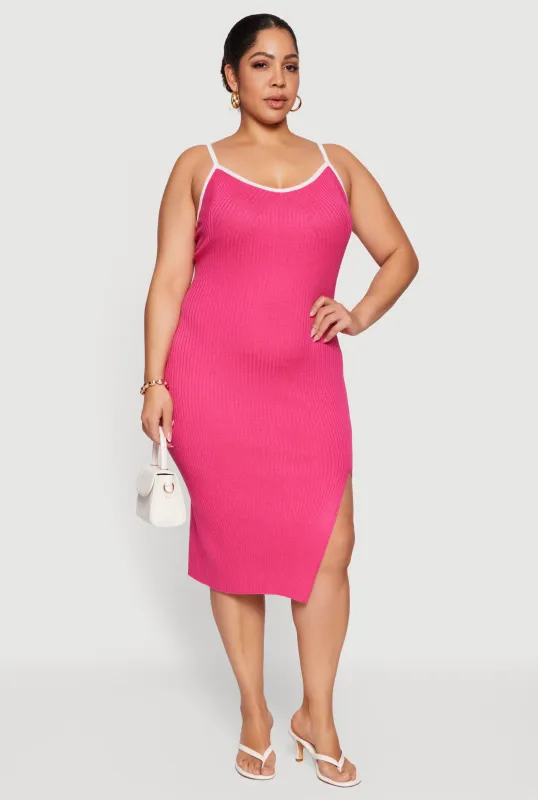Plus Size Contrast Trim Rib Knit Cami Midi Dress sold by Rainbow