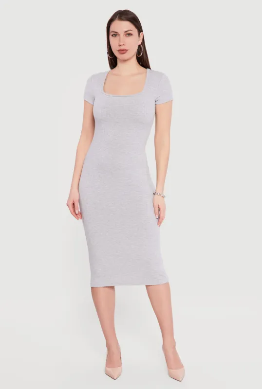 Rib Knit Short Sleeve Square Neck Midi Dress sold by Rainbow
