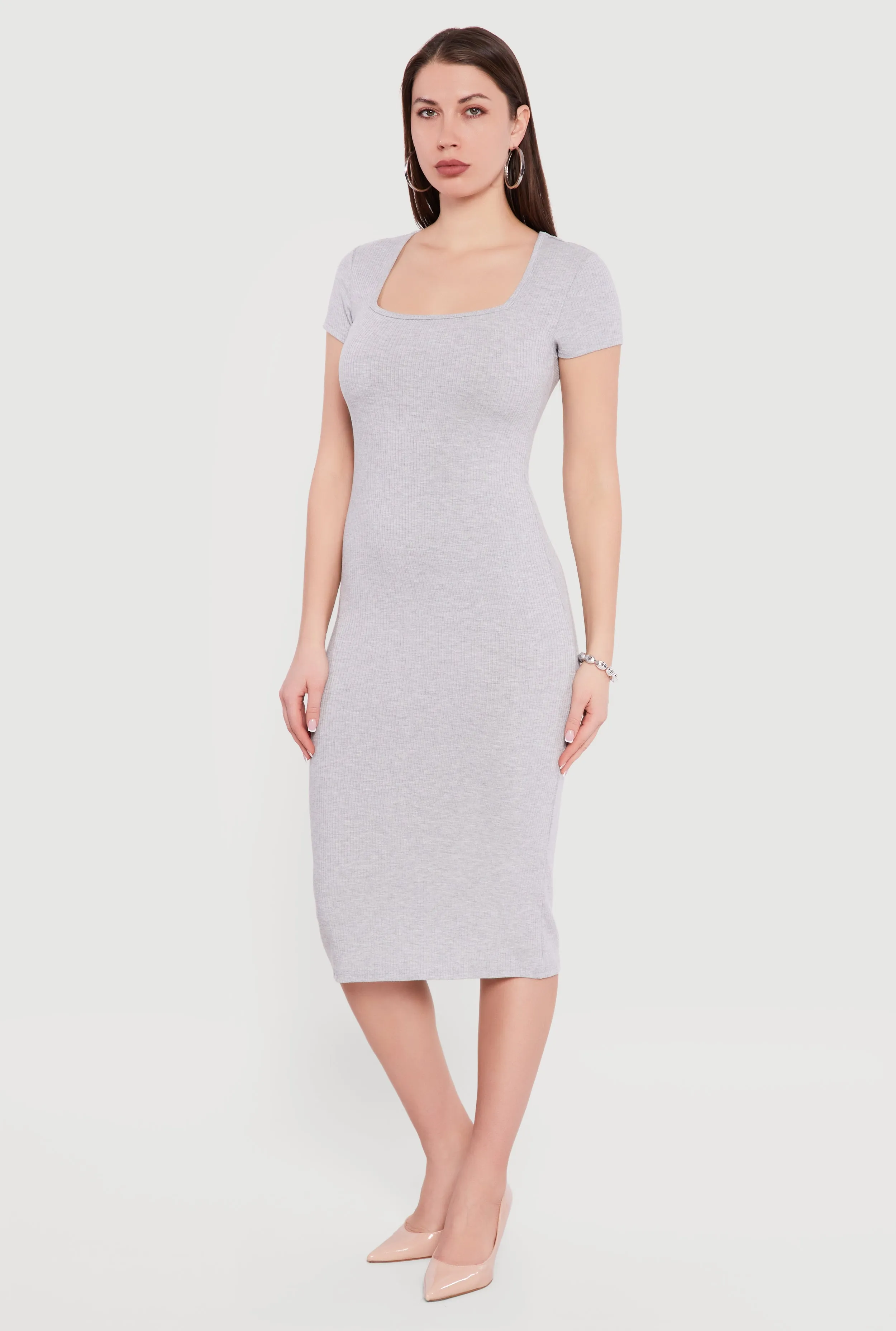 Rib Knit Short Sleeve Square Neck Midi Dress sold by Rainbow product image thumbnail 2