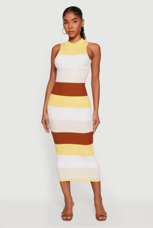 Color Block Rib Knit Mock Neck Sleeveless Midi Dress sold by Rainbow