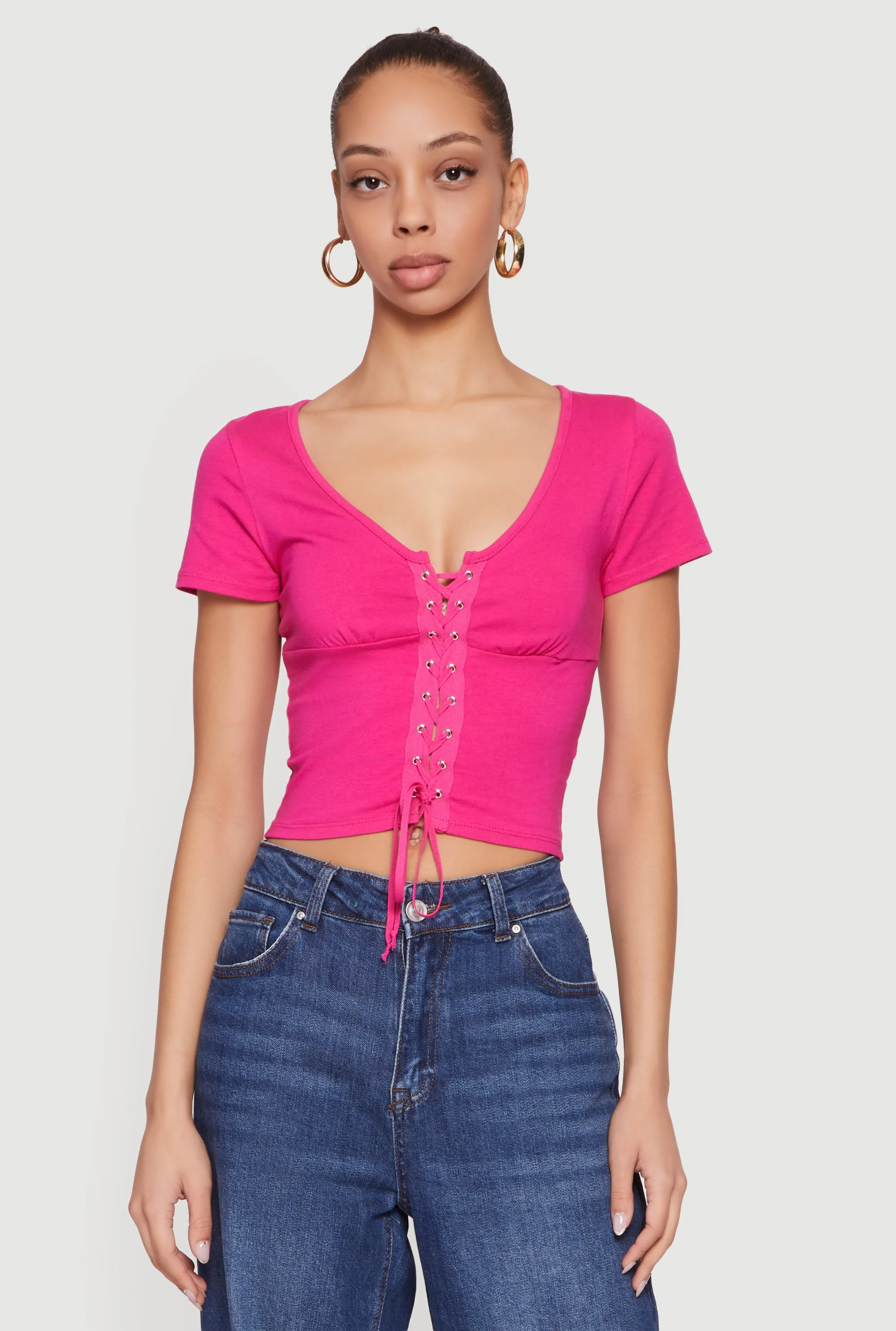 Lace Up Front Short Sleeve V-Neck Crop Top sold by Rainbow product image thumbnail 2