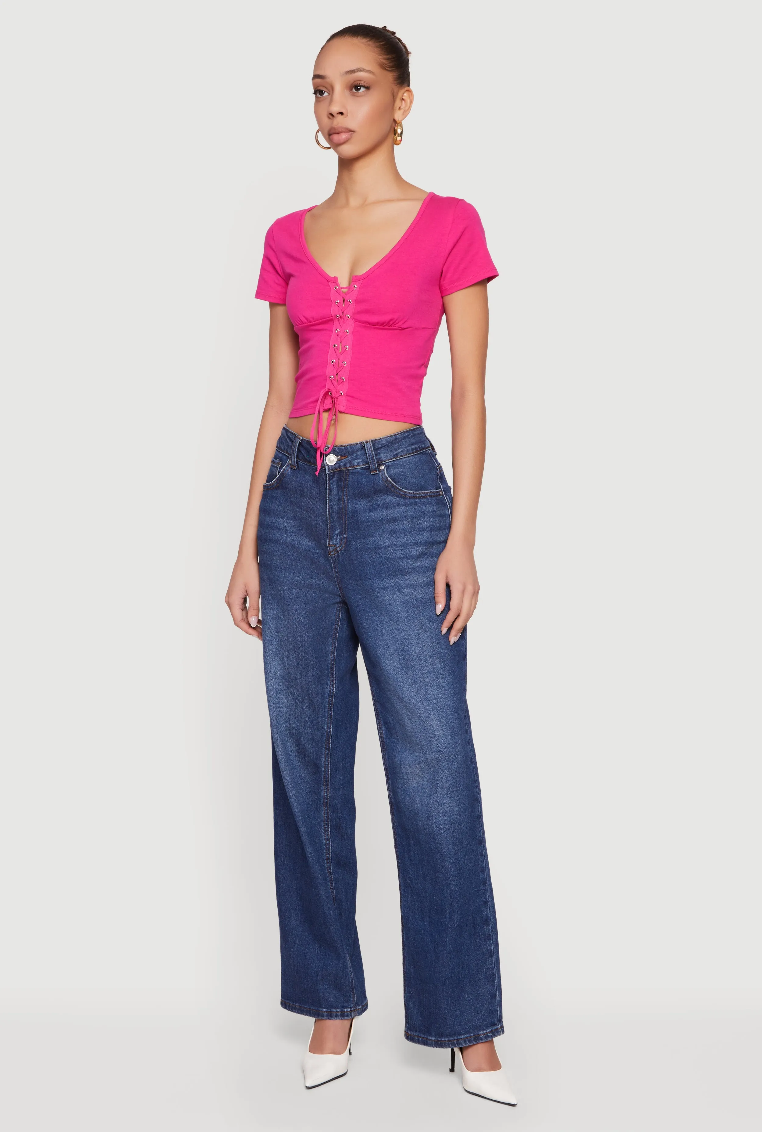 Lace Up Front Short Sleeve V-Neck Crop Top sold by Rainbow product image thumbnail 3