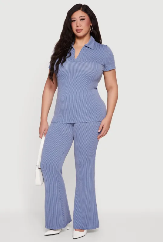 Plus Size Solid Rib Knit High Waisted Wide Leg Pants sold by Rainbow