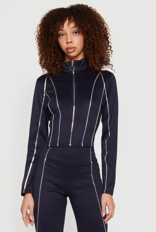 Contrast Trim Piping Zip Front Mock Neck Track Jacket sold by Rainbow