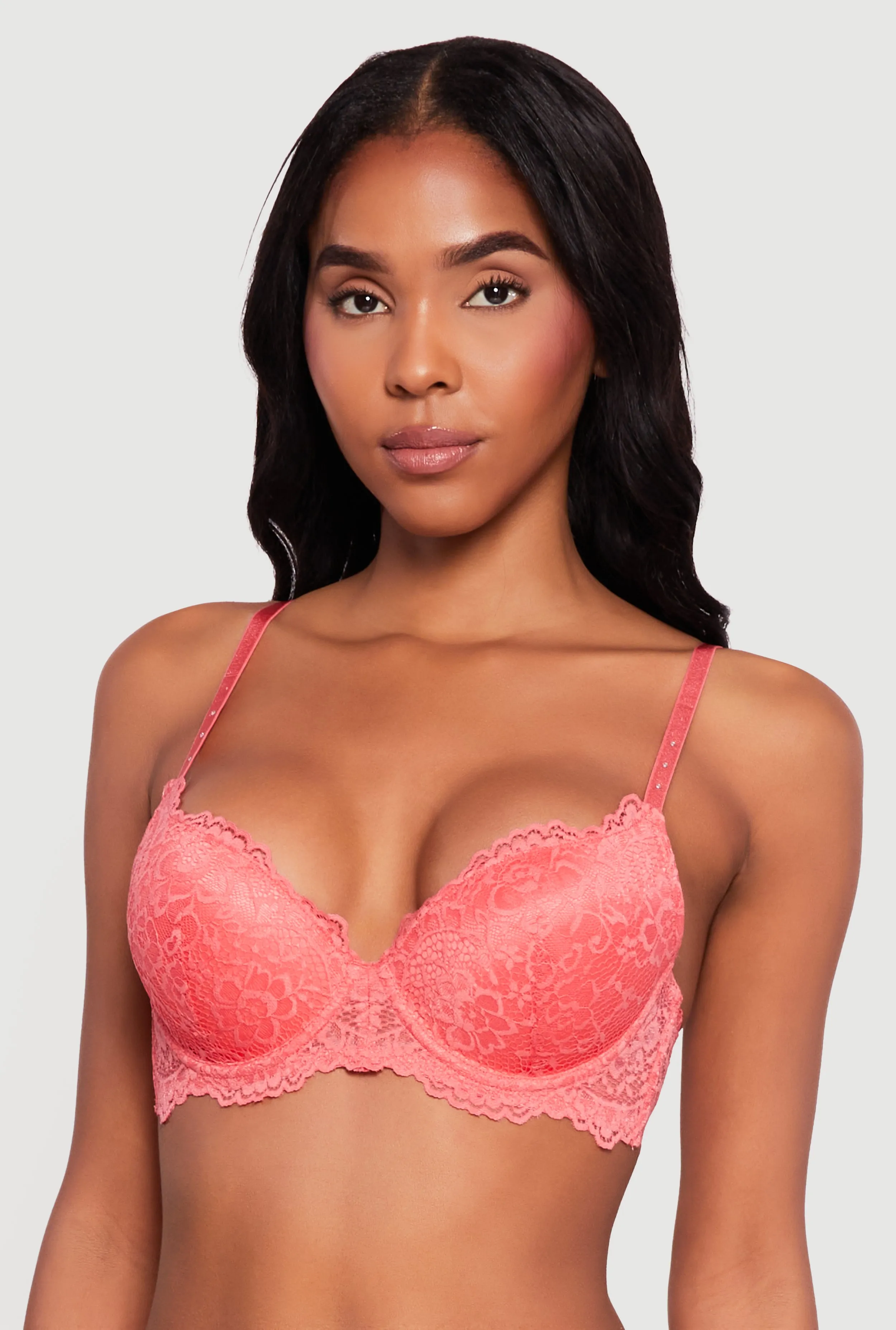 Scalloped Hem Floral Lace Plunge Bra sold by Rainbow