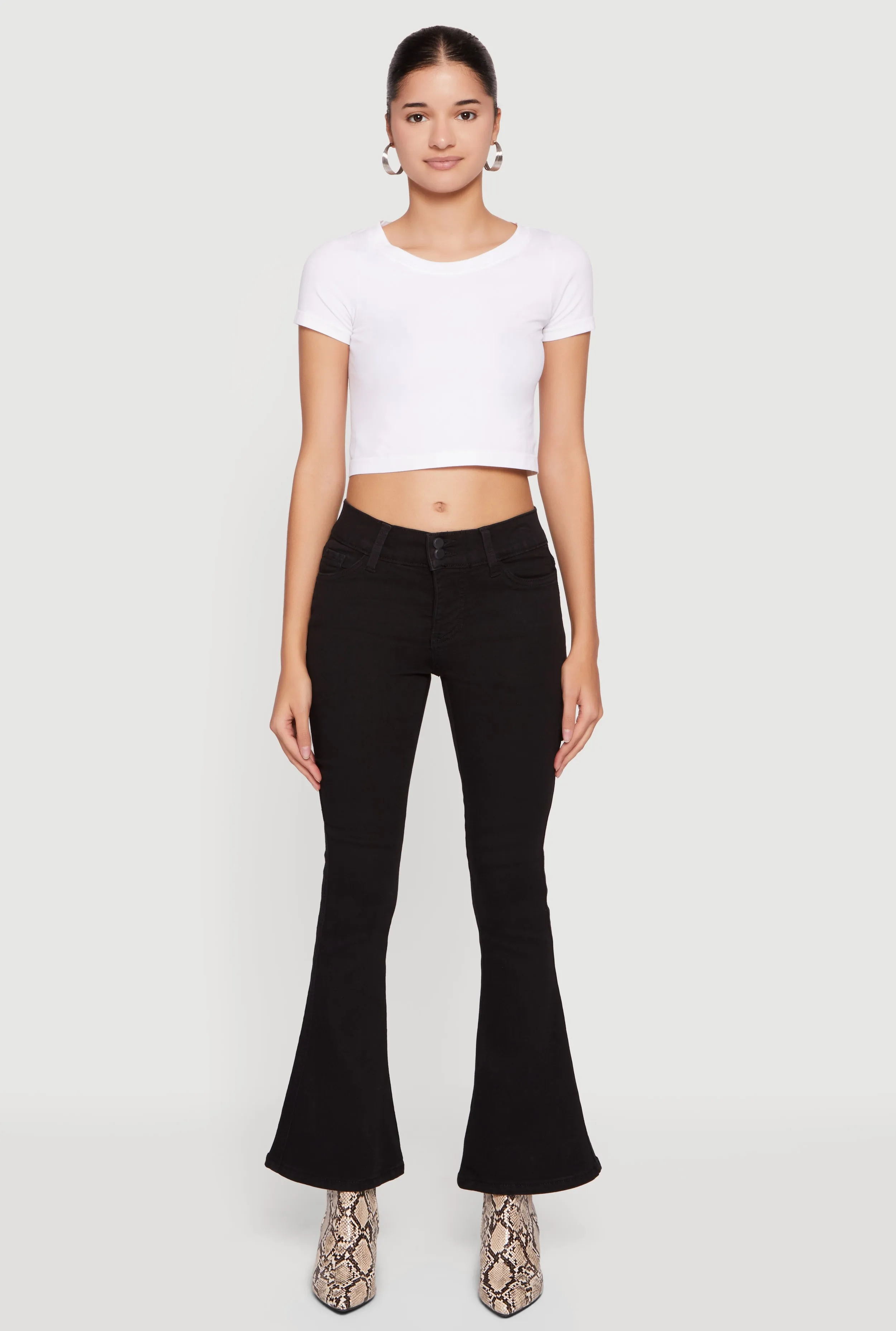 Mid Rise Stretchy Carpenter Flare Leg Jeans sold by Rainbow