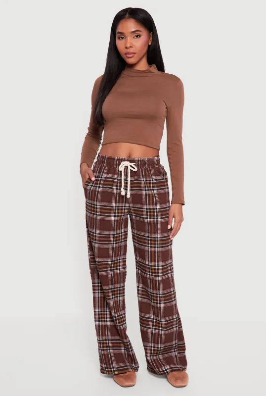 Flannel Drawstring Waist Wide Leg Pants made by Rainbow