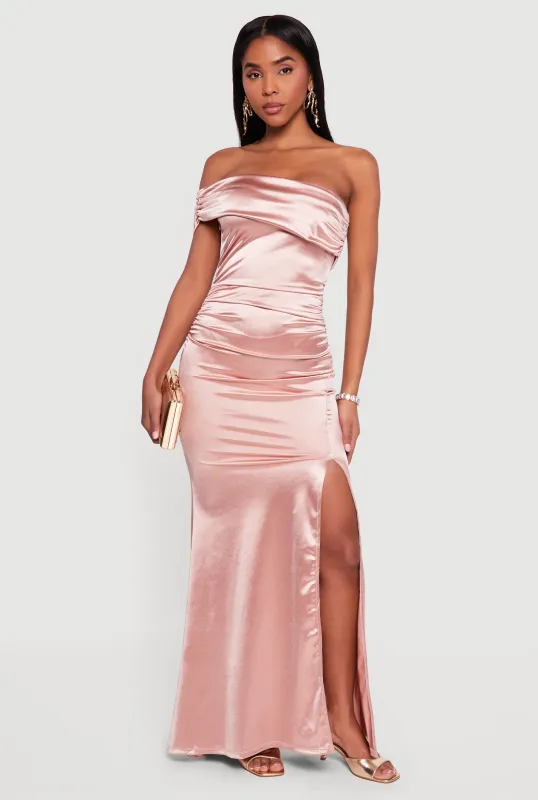 Satin Fold Over One Shoulder Maxi Dress sold by Rainbow