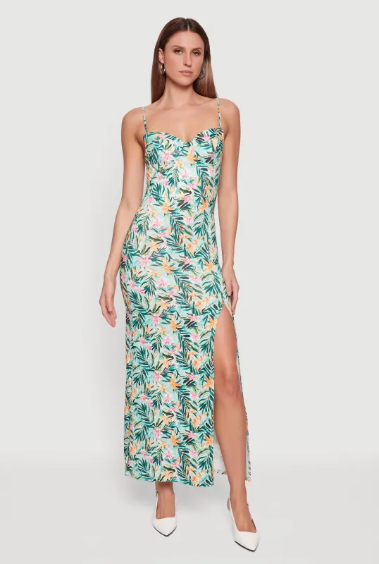 Floral Print Front Slit Bustier Maxi Dress sold by Rainbow