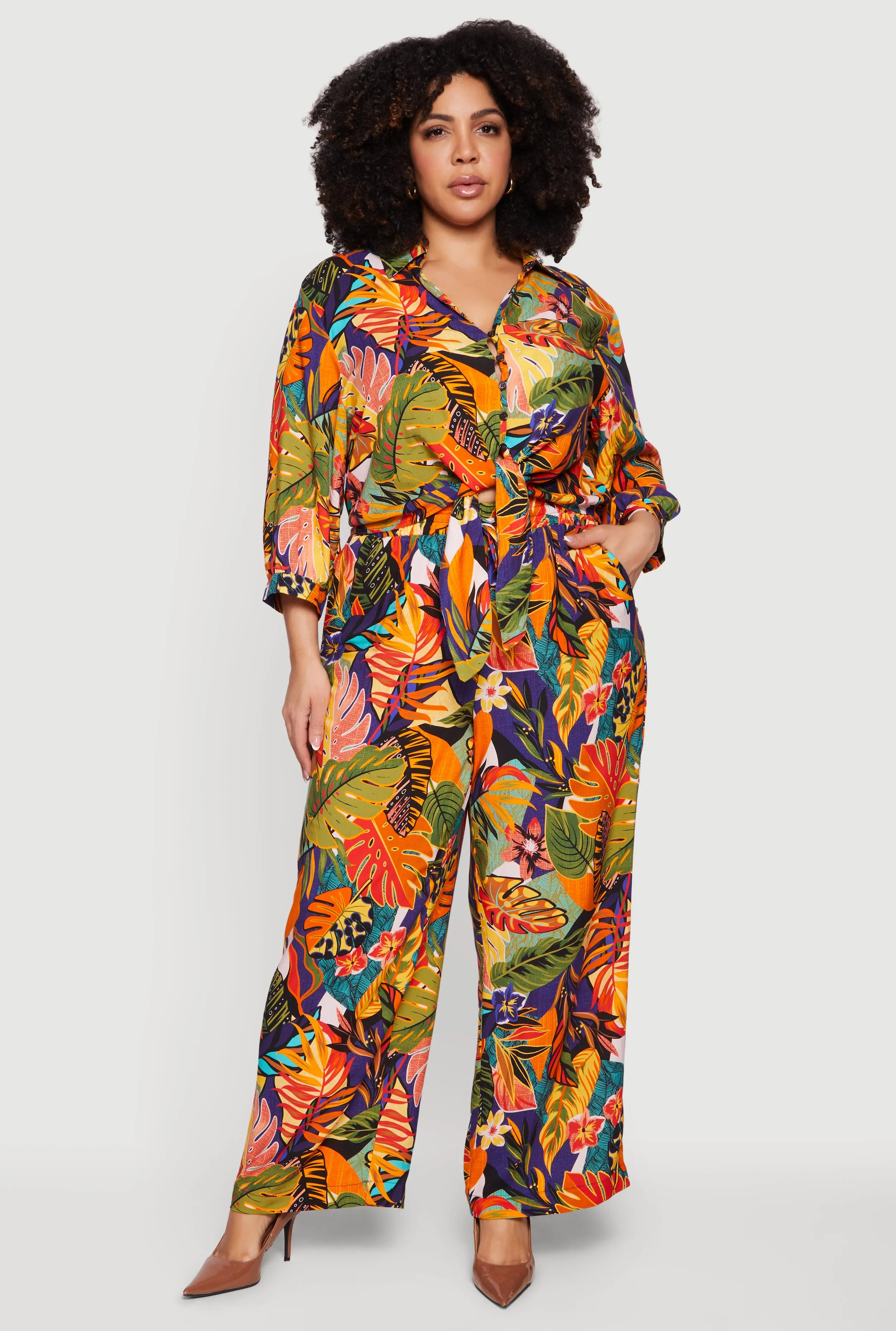 Plus Size Tropical Floral Drawstring Waist Wide Leg Pants sold by Rainbow