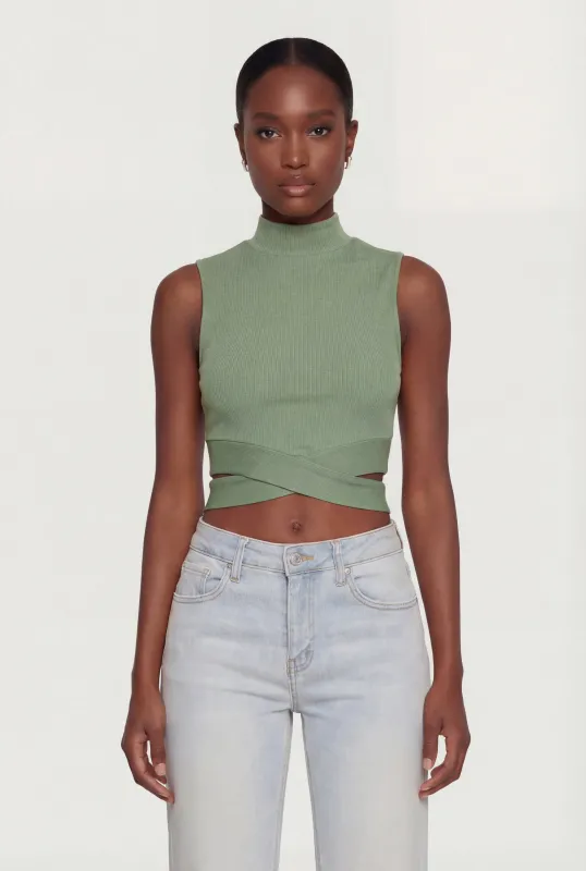 Rib Knit Criss Cross Hem Mock Neck Crop Top made by Ambiance