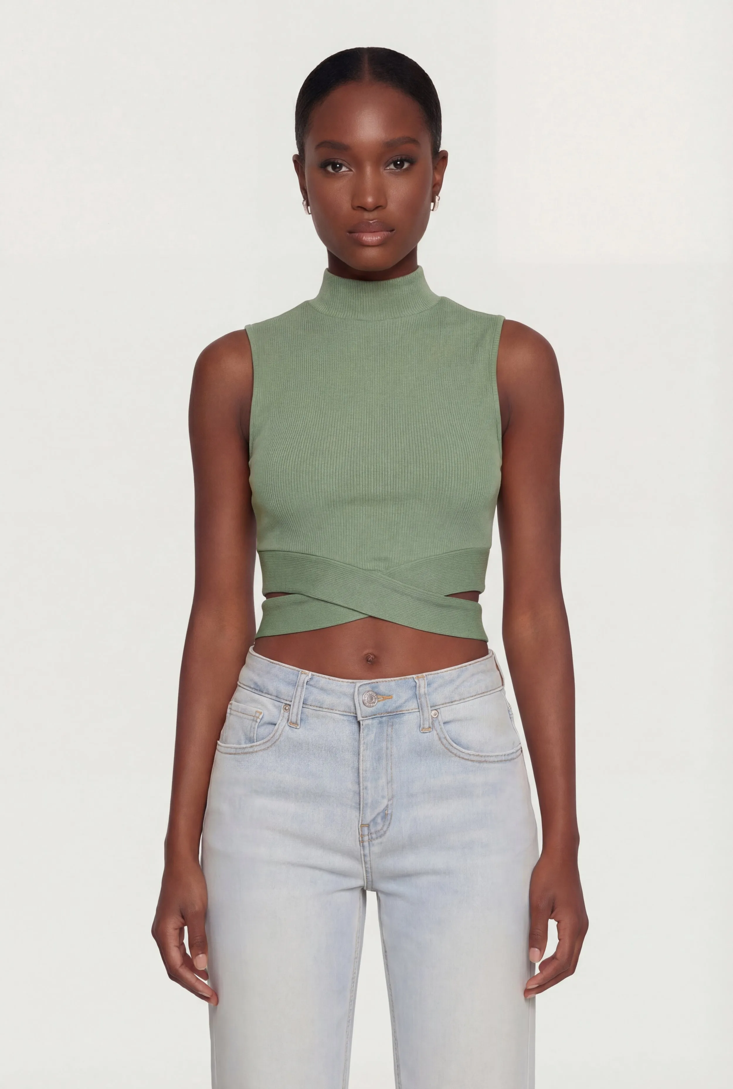 Rib Knit Criss Cross Hem Mock Neck Crop Top sold by Rainbow