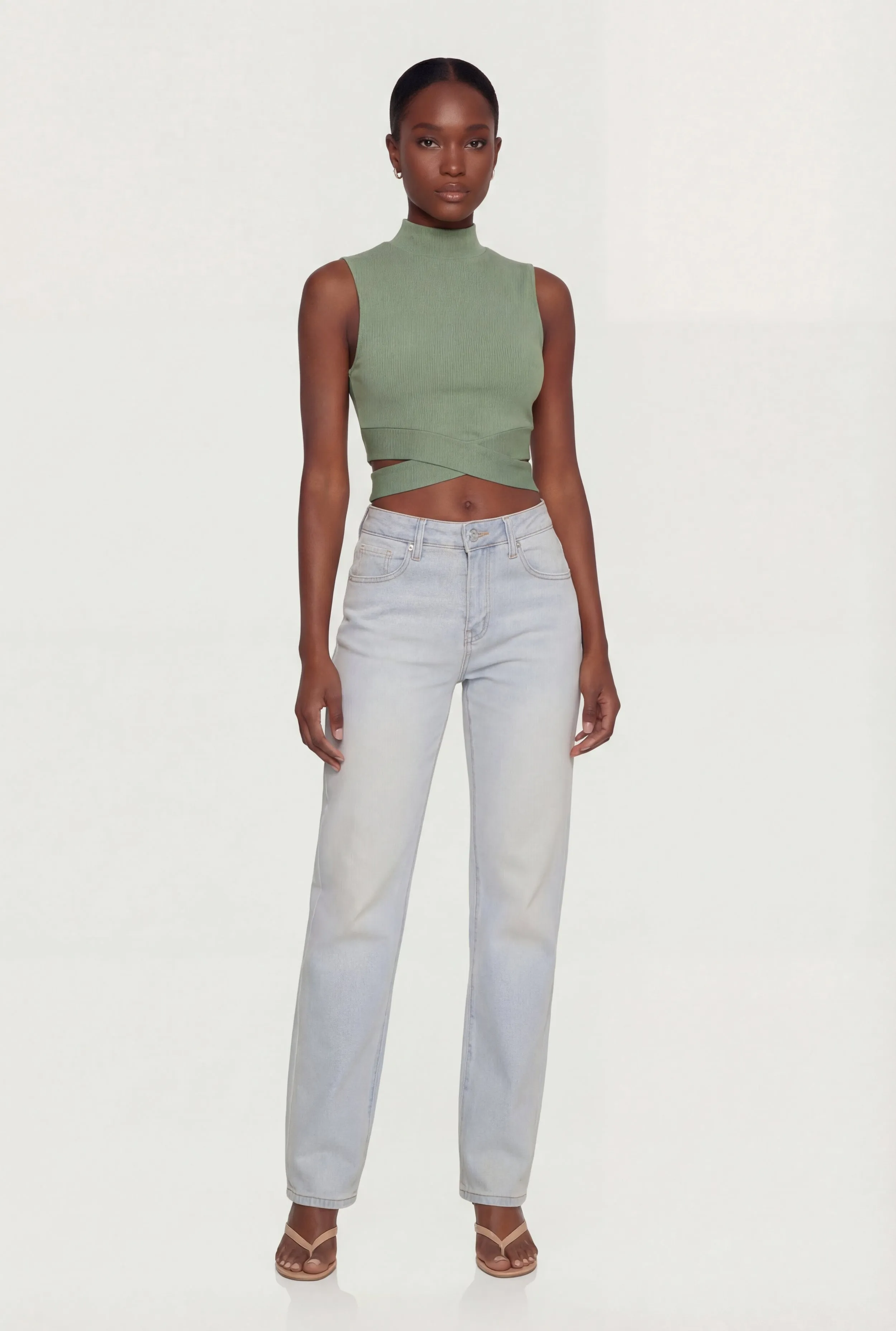 Rib Knit Criss Cross Hem Mock Neck Crop Top sold by Rainbow product image thumbnail 2