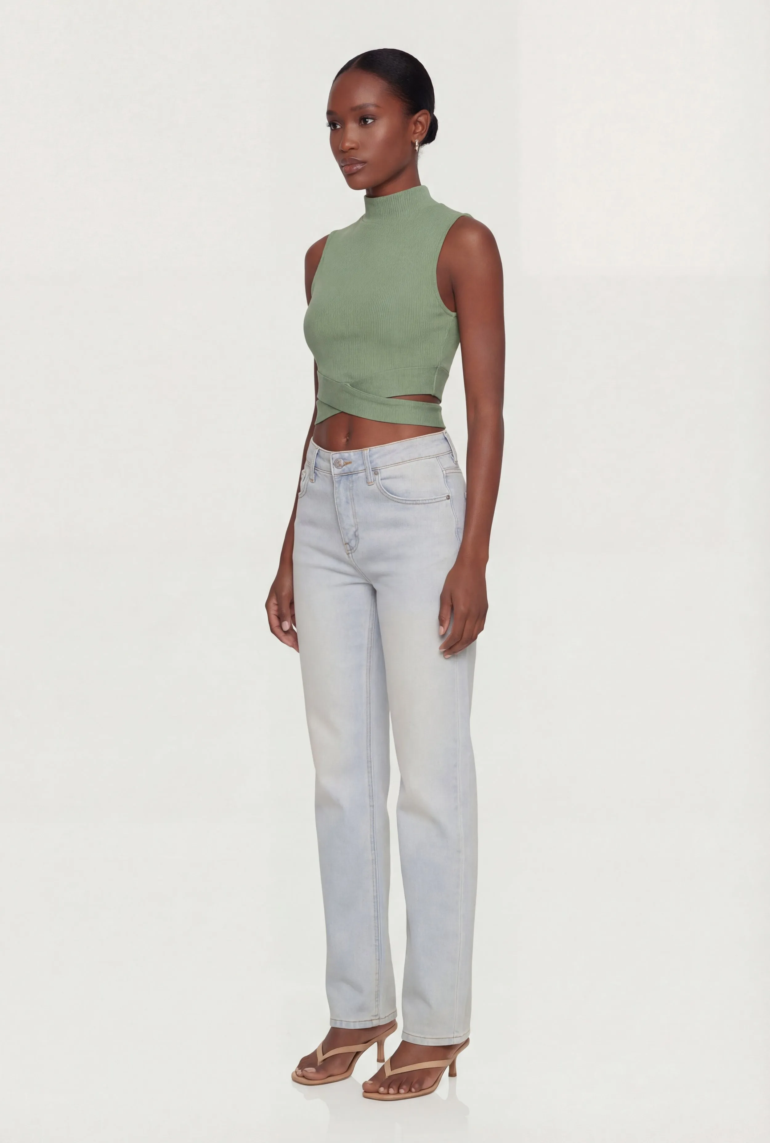 Rib Knit Criss Cross Hem Mock Neck Crop Top sold by Rainbow product image thumbnail 3