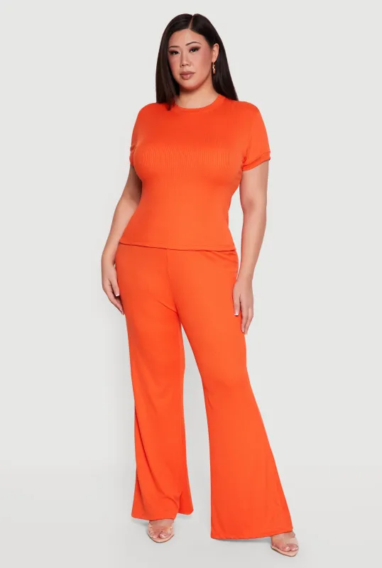 Plus Size High Waisted Ribbed Knit Flare Pants sold by Rainbow