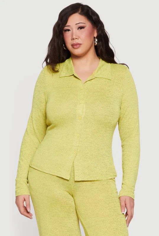 Plus Size Collared Button Front Long Sleeve Blouse sold by Rainbow