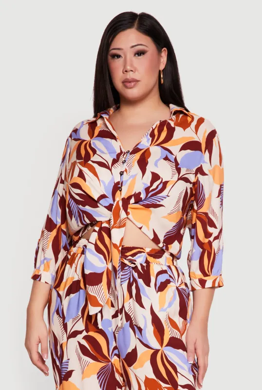 Plus Size Abstract Floral Cropped Tie Front Shirt sold by Rainbow