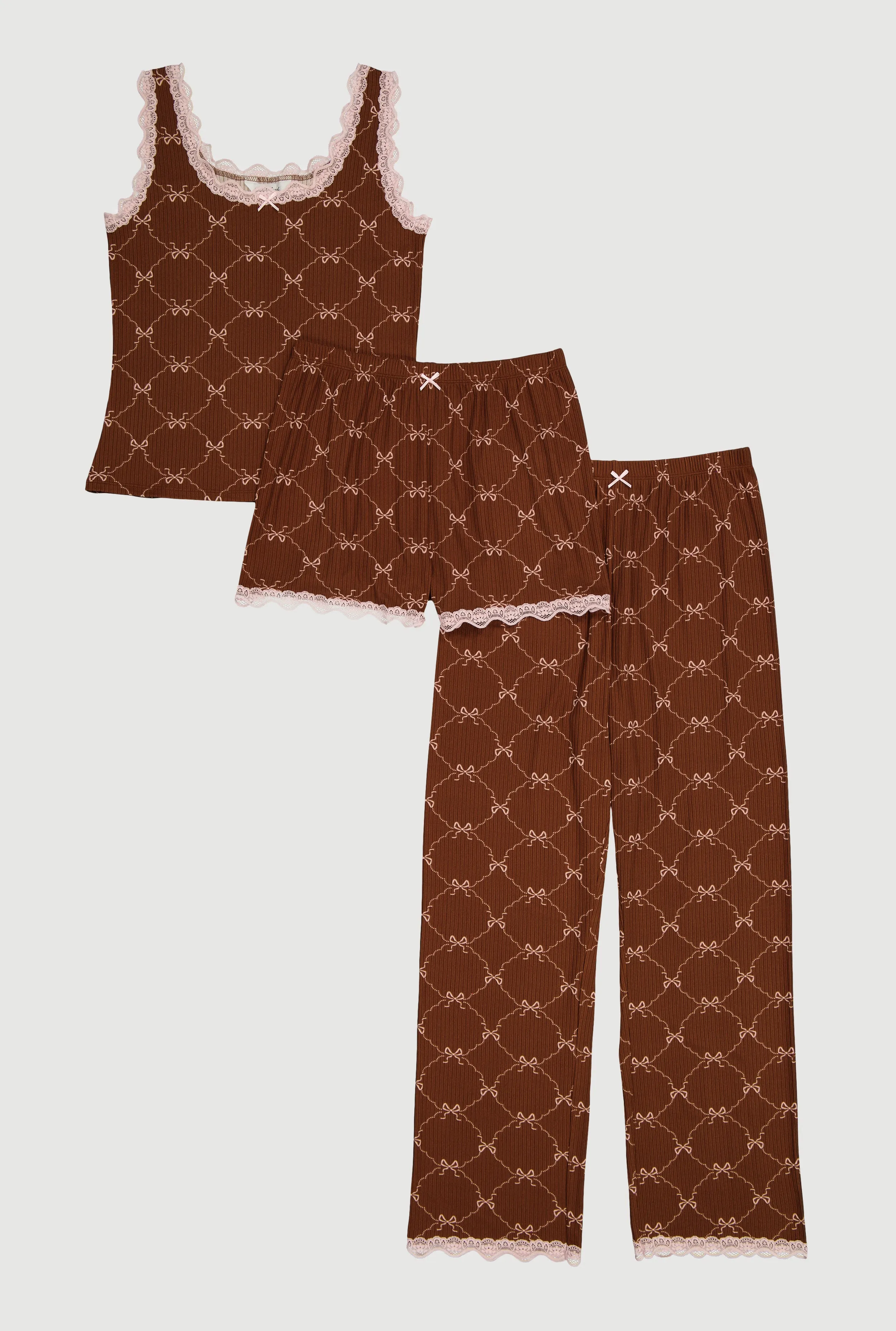 Lattice Bow Print Pajama Top with Pants and Shorts 3 Piece Set sold by Rainbow