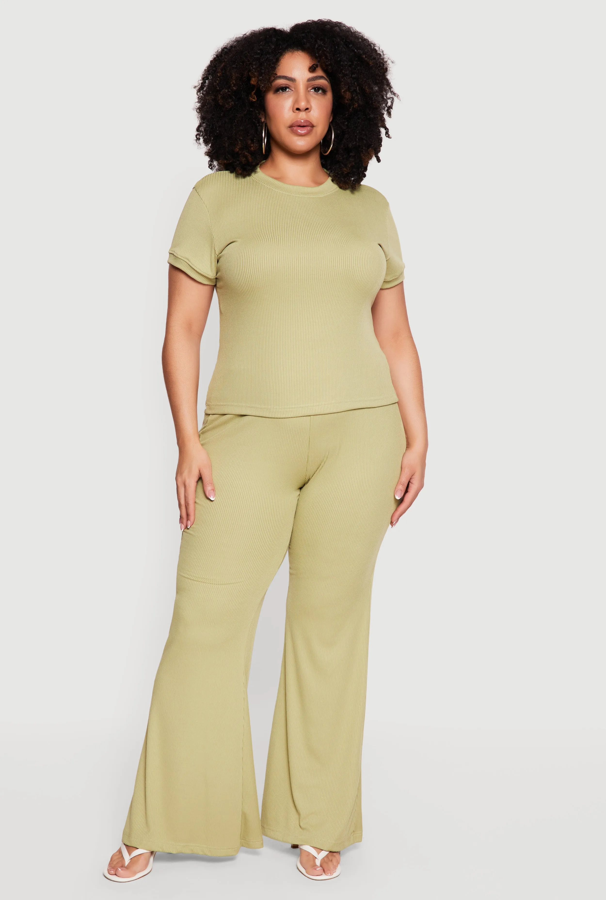 Plus Size High Waisted Ribbed Knit Flare Pants sold by Rainbow