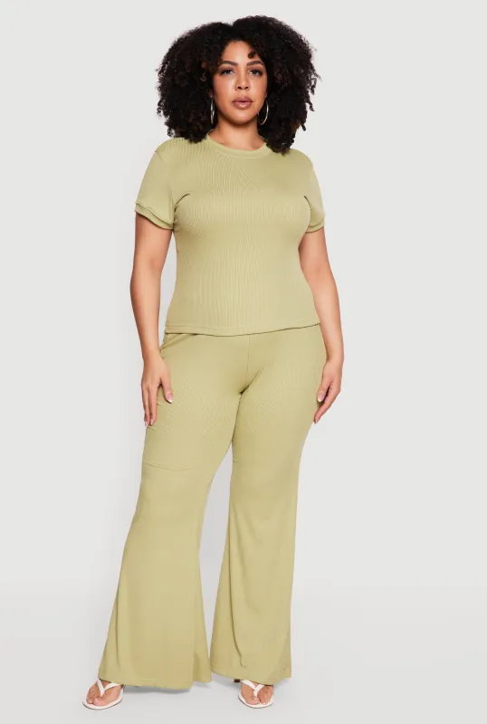 Plus Size High Waisted Ribbed Knit Flare Pants sold by Rainbow