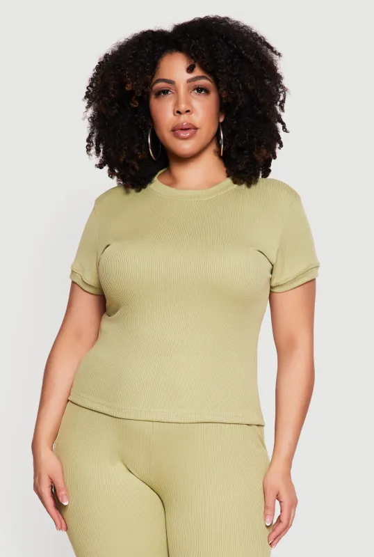 Plus Size Ribbed Knit Short Sleeve Top made by Rainbow