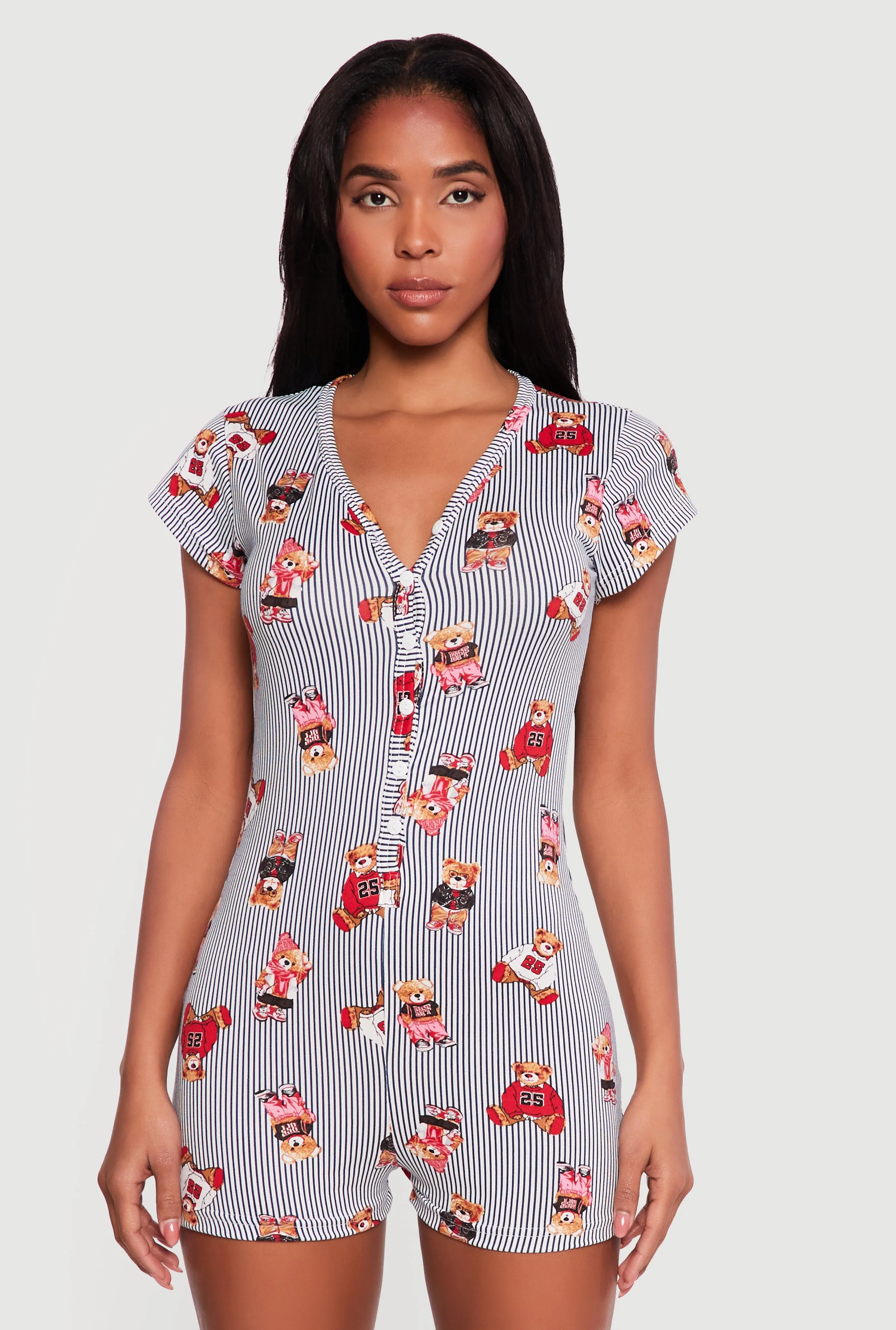 Striped Teddy Bear Print Pajama Romper sold by Rainbow