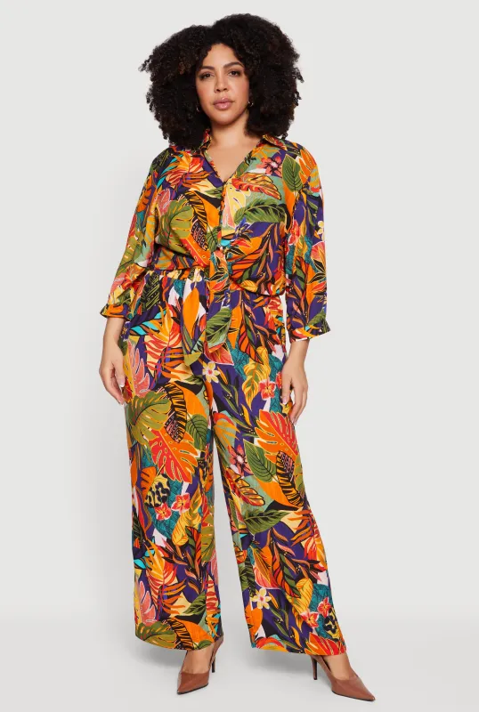 Plus Size Tropical Floral Cropped Tie Front Shirt sold by Rainbow