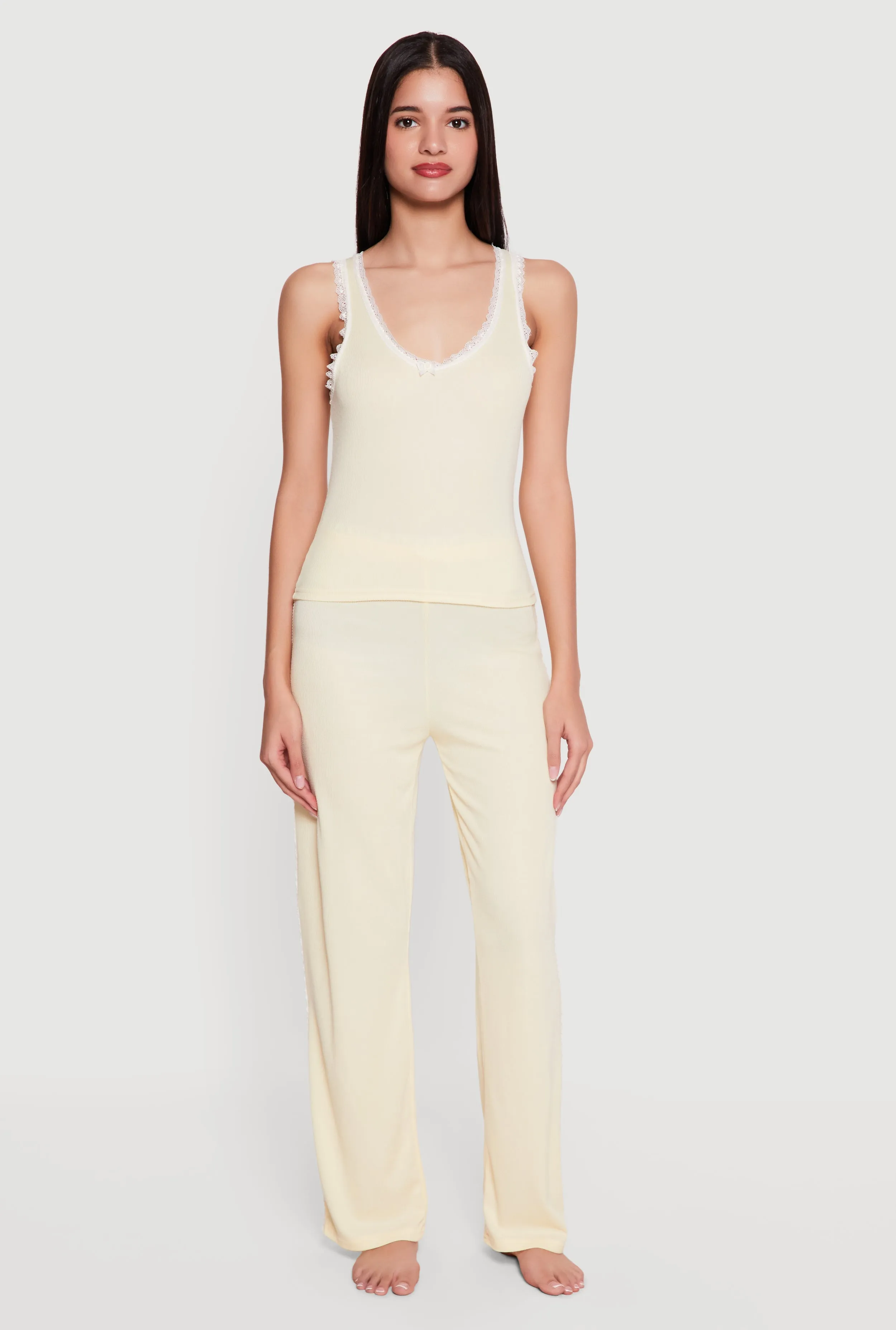 Rib Knit V-Neck Pajama Tank Top and Pants Set sold by Rainbow
