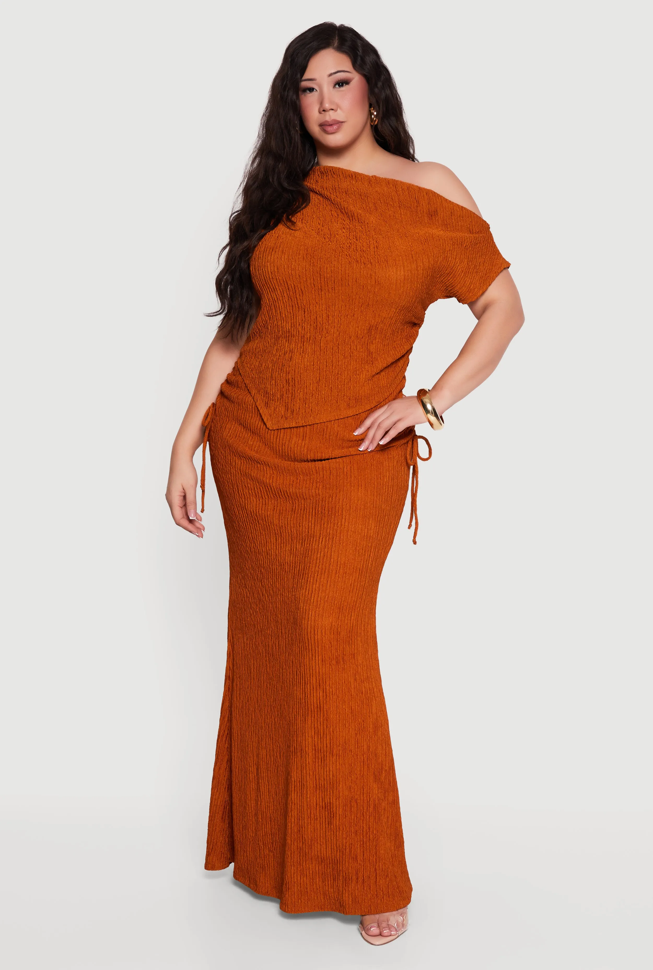 Plus Size Textured Knit Ruched High Waisted Maxi Skirt sold by Rainbow