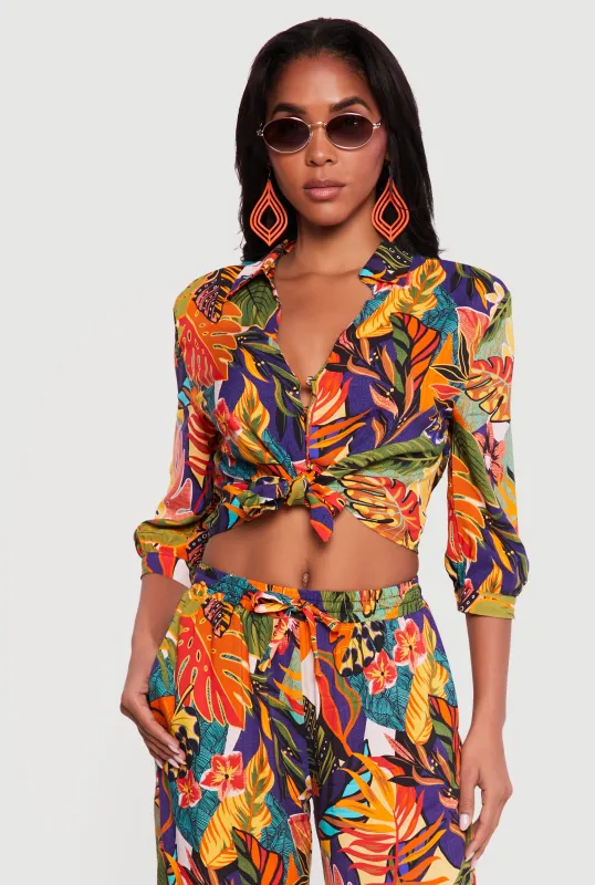 Abstract Floral Leaf Print Tie Front Crop Top made by Rainbow