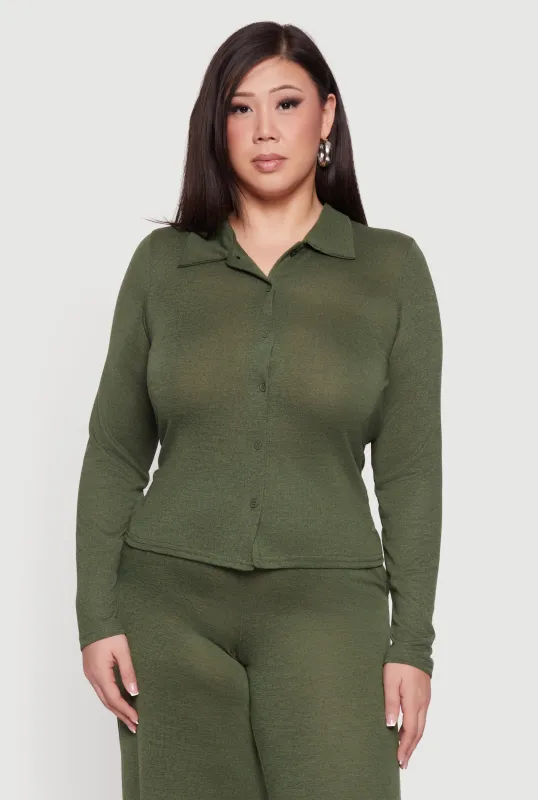 Plus Size Collared Button Front Long Sleeve Blouse sold by Rainbow