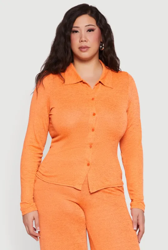 Plus Size Collared Button Front Long Sleeve Blouse sold by Rainbow