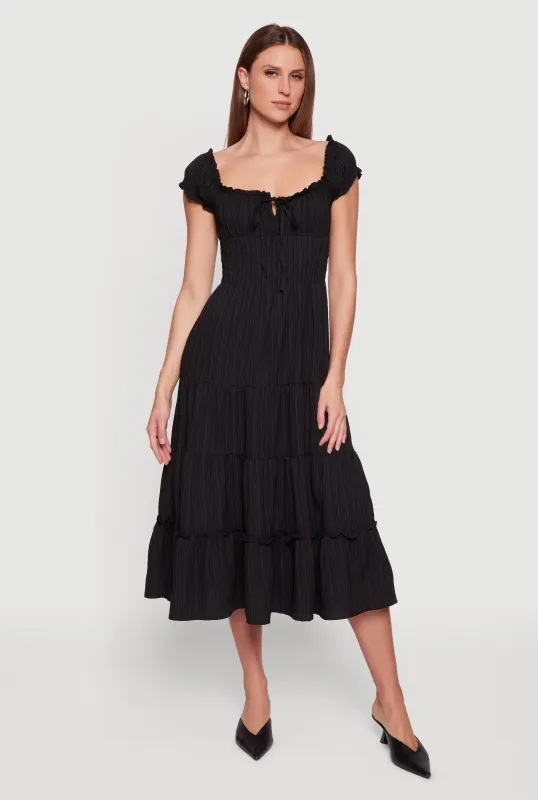 Tie Front Keyhole Ruffle Tiered Maxi Dress sold by Rainbow