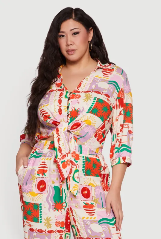 Plus Size Patterned Cropped Tie Front Shirt sold by Rainbow