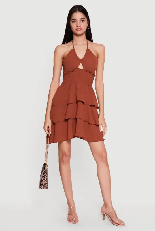Smocked Tiered Ruffle Halter Neck Mini Dress sold by Rainbow