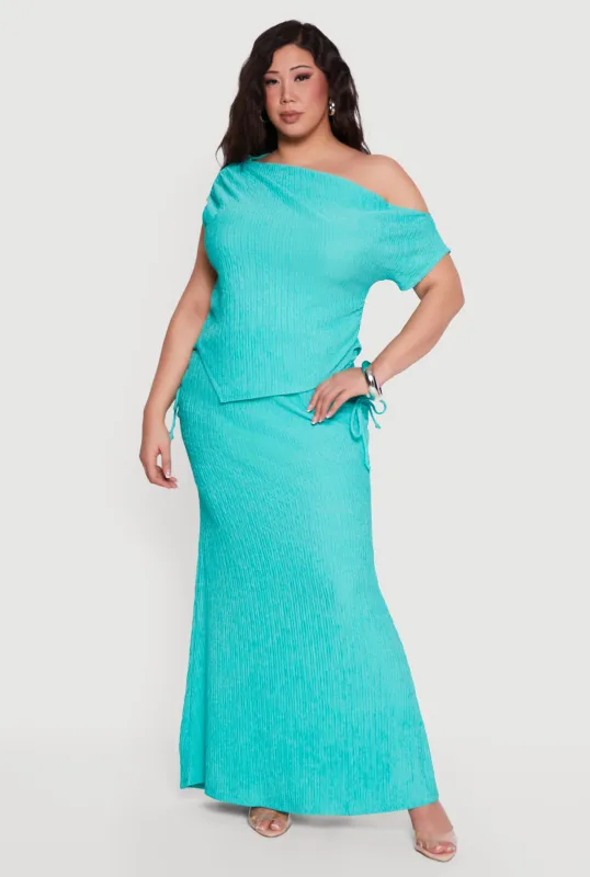 Plus Size Textured Knit Ruched High Waisted Maxi Skirt made by Rainbow