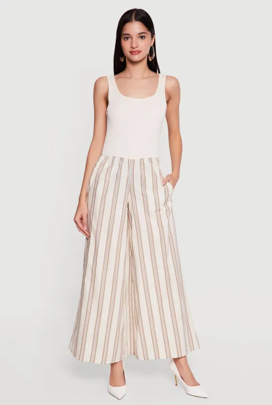 Rib Knit Striped Wide Leg Jumpsuit made by Rainbow