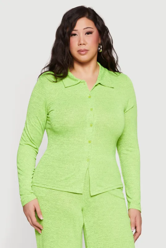 Plus Size Collared Button Front Long Sleeve Blouse sold by Rainbow
