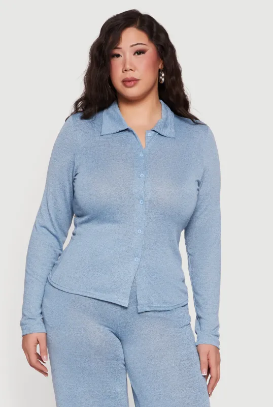 Plus Size Collared Button Front Long Sleeve Blouse sold by Rainbow