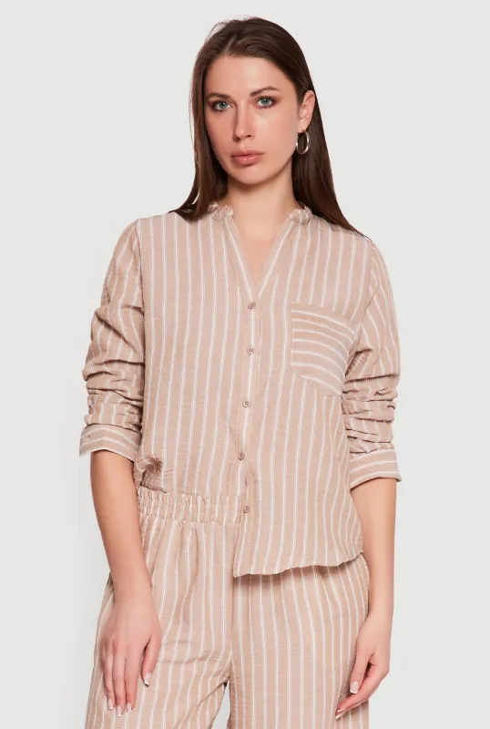 Striped V-Neck Button Front Long Sleeve Shirt sold by Rainbow