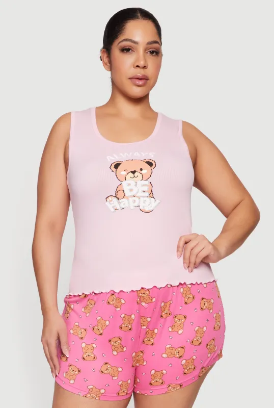 Plus Size Always Be Happy Graphic Pajama Tank Top and Shorts sold by Rainbow
